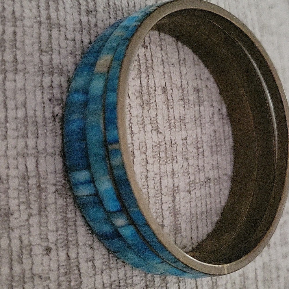 Vintage Boho Brass Inlay Tealwood Blue Bangle Bracelet Set of 3 - Picture 10 of 10